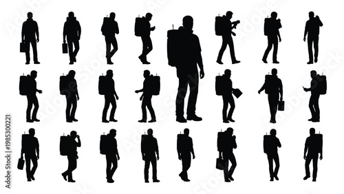 Collection of silhouettes depicting various people walking and carrying bags backpacks and cameras high quality professional