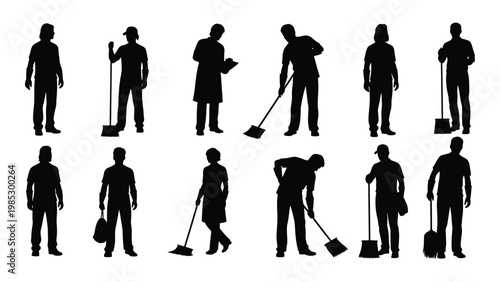 A collection of silhouette figures depicting various cleaning professionals and their equipment high quality professional detailed