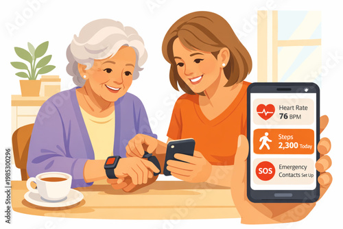 Senior Woman Learning Health Monitoring App with Smartwatch Illustration