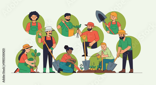 People working in green garden.