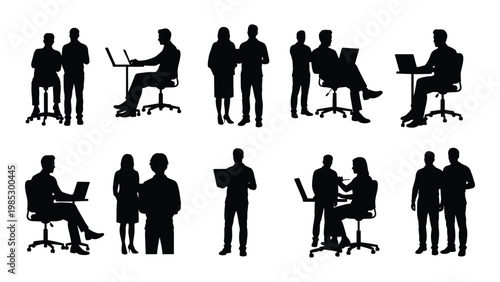 Silhouettes of diverse people interacting in office settings including meetings and individual work high quality professional