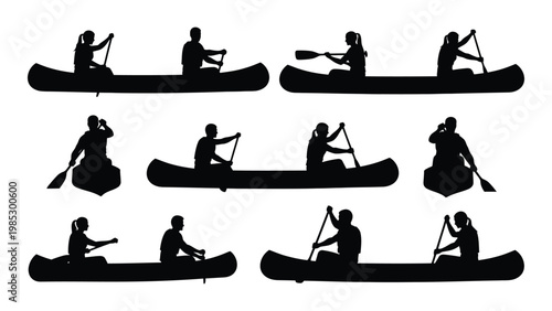 Silhouette illustrations depict people canoeing in various positions showcasing a recreational water activity high quality professional