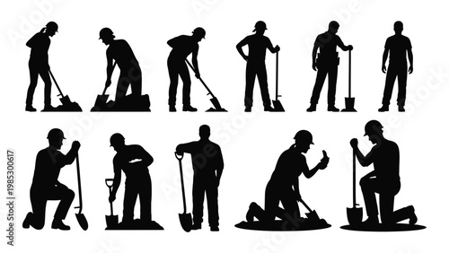 A collection of silhouettes depicting various laborers engaged in manual work and gardening tasks high quality