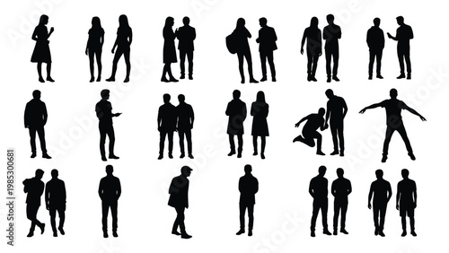 A collection of black silhouettes depicting diverse groups of people interacting and standing alone high quality