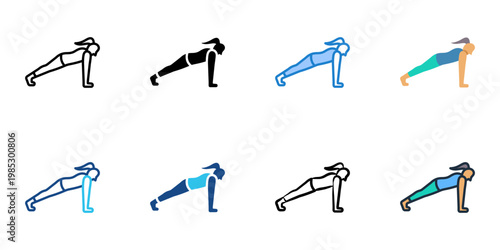 Plank Pose icons set multiple style collection. Editable stroke 

