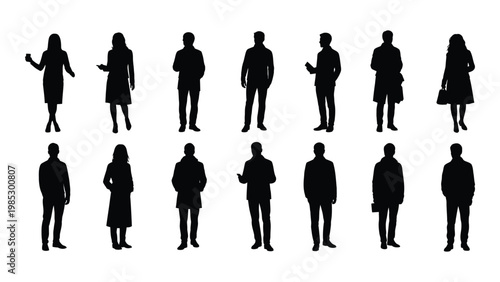 A collection of black silhouettes depicting various people standing in a row facing forward high quality