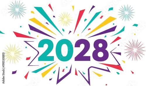 Happy New Year 2028 celebration with colorful confetti and fireworks vector illustration for festive greetings and event promotion