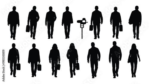 A collection of black silhouettes depicting people walking mostly carrying briefcases or bags high quality professional