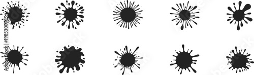 A minimalist graphic design showcasing diverse black ink splatters, paint blots, and grunge textures, perfect for adding artistic flair and distressed effects to creative projects
