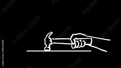2d Animation motion graphics drawing of a hand with hammer banging striking table ground on white, black and green screen in 4K ultra-high-definition.