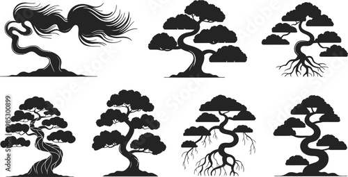 A minimalist graphic design featuring elegant silhouettes of bonsai trees, showcasing intricate root systems and flowing branches