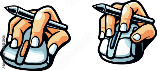 Hand using stylus pen on tablet vector illustration set, digital drawing and touch gesture icons