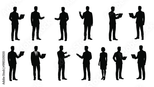 A collection of silhouette figures depicting diverse business professionals in various poses and attire high quality