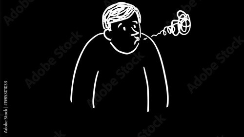 2d Animation motion graphics drawing of an anxious depressed troubled man exhaling on white, black and green screen in 4K ultra-high-definition.