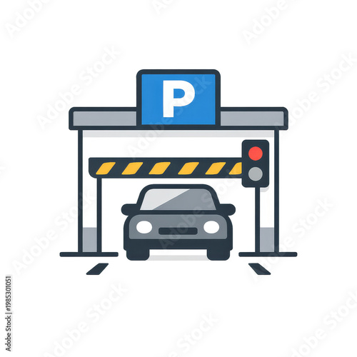 Pixel art illustration of a car entering a parking garage with a barrier and a sign