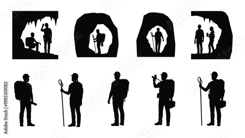 A series of black silhouettes depict explorers entering and existing from cave openings high quality professional