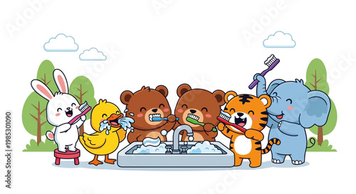 Cute cartoon animals brushing teeth together at a sink with bright colors and simple trees decoration in the background, promoting kids hygiene education concept.