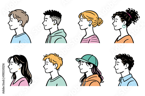 Simple Side Profile People Icon Set – Line Art Avatars, Diverse Male and Female Characters for UI & Profiles / シンプルな横顔人物アイコンセット｜男女8種類の線画イラスト・プロフィール・UI素材・カラー・ベクター