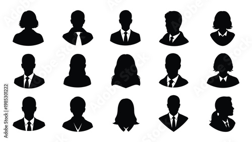 A collection of black silhouettes depicting diverse head and shoulder portraits of people in business attire