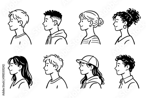Simple Side Profile People Icon Set – Line Art Avatars, Diverse Male and Female Characters for UI & Profiles / シンプルな横顔人物アイコンセット｜男女8種類の線画イラスト・プロフィール・UI素材・ベクター