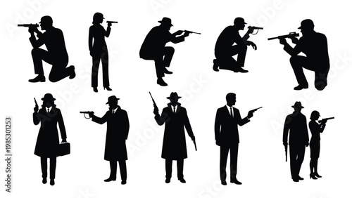A collection of silhouetted figures depicting individuals with firearms in various poses high quality professional detailed
