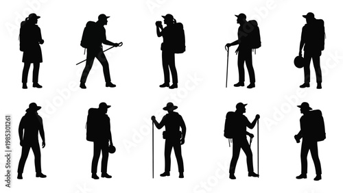 A collection of silhouette figures depicting hikers and travelers with various poses and equipment high quality