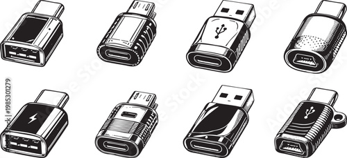 USB connector adapter set vector icons, Type-C micro USB ports isolated black flat design collection