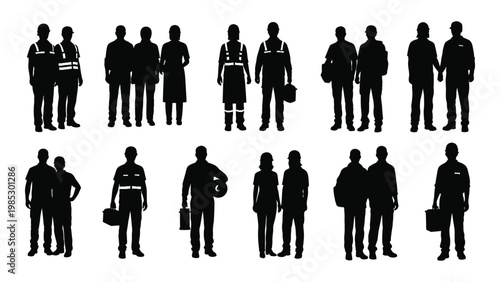 A collection of silhouetted figures depicting diverse people standing in groups and pairs high quality professional