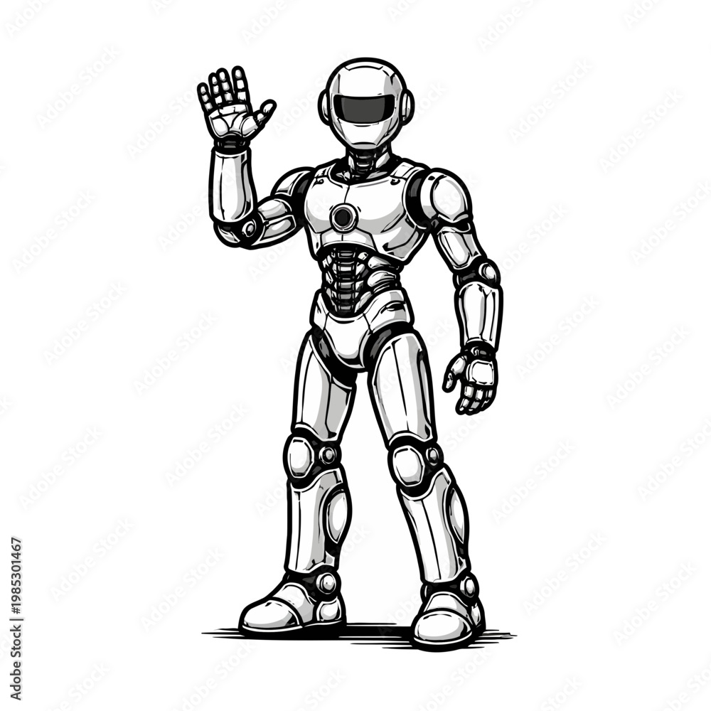 Fototapeta premium A friendly humanoid robot waves hello, showcasing advanced artificial intelligence technology in a clean, modern design illustration perfect for tech and future concepts and human-machine interaction