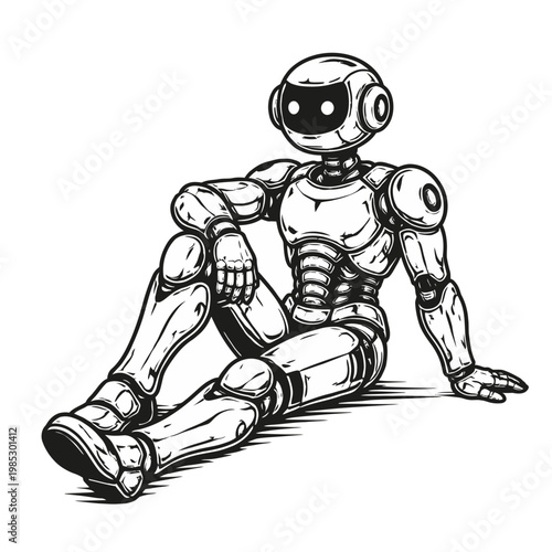 Detailed monochrome illustration of a sophisticated humanoid robot in a relaxed, seated pose, contemplating the future of advanced artificial intelligence
