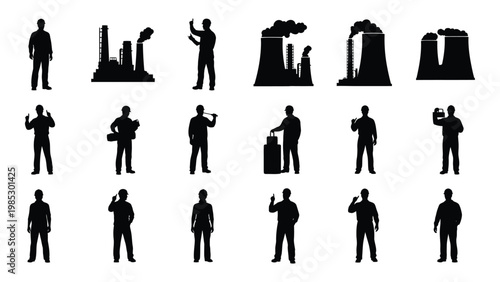 Silhouettes of industrial workers and factory structures against a stark white background high quality professional detailed
