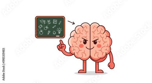 Cartoon brain character pointing at blackboard with school symbols, education concept