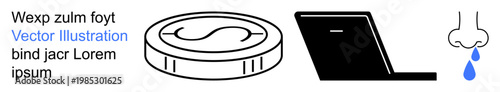 Digital currency, technology, remote work, health, finance, medical symbols. Coin with dollar sign, open laptop and nose with drip. Digital currency and technology concepts