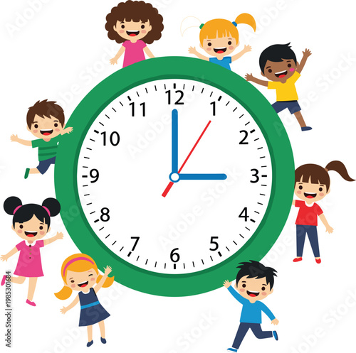 Cute children around clock learning time, colorful cartoon kids illustration for education, daily routine and schedule concept in playful vector design style