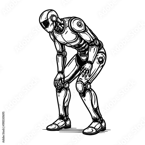 Depressed robot bending over with hands on knees, symbolizing fatigue, exhaustion, or sadness in a mechanical being