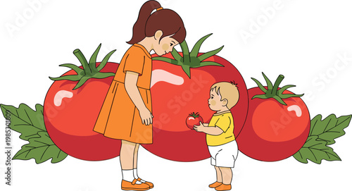 Cute children sharing tomato with large fresh vegetables in background, healthy eating concept, sibling interaction vector illustration isolated on background
