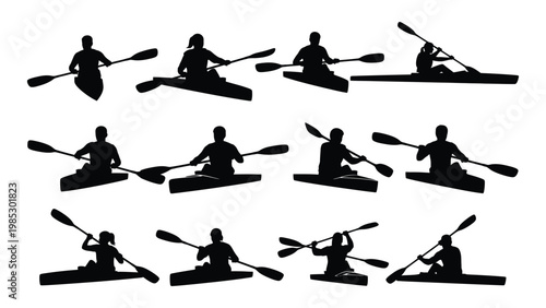 A collection of silhouettes depicting people kayaking in various positions on the water high quality professional
