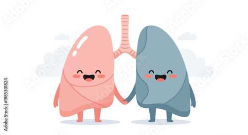 Cute Cartoon Lungs Holding Hands, Healthy Respiratory System, Medical Concept