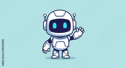 Cute cartoon robot waving hello, futuristic technology, AI, friendly character, isolated on blue background