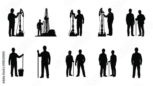 Silhouettes of oil workers and drilling rig equipment against a plain white background showcasing the industry