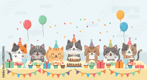 Cute Cats Birthday Party Celebration with Cake and Balloons