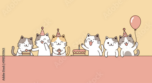 Cute Cats Birthday Party Celebration with Cake and Balloons