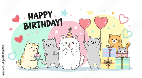Cute Cats Celebrating Birthday with Balloons and Gifts