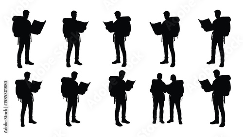 A collection of black silhouette figures depicts people reading books while carrying backpacks high quality professional