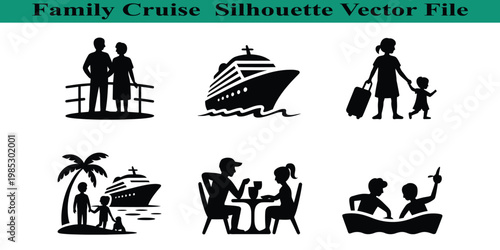 Family cruise vacation silhouette vector graphics with people and ship