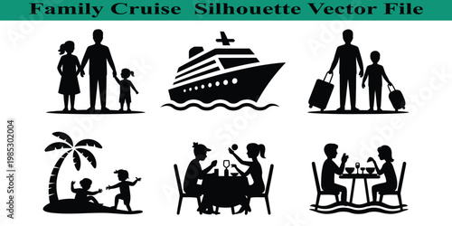 Family cruise vacation silhouette vector graphics with people and ship