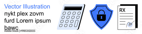 Financial planning, cybersecurity, healthcare data, secure transactions, digital safety, and medical records. Calculator, shield lock and prescription paper. Financial security and cybersecurity