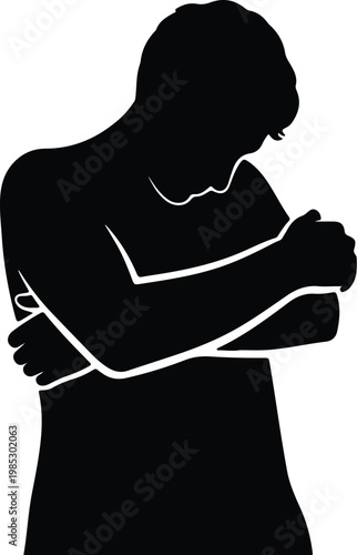 Silhouette of a depressed man hugging himself in vector design