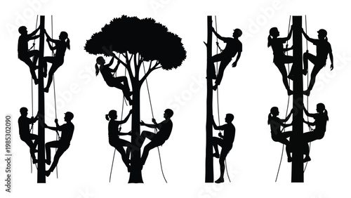 Silhouettes of people climbing utility poles surrounding a large full tree in a graphic design