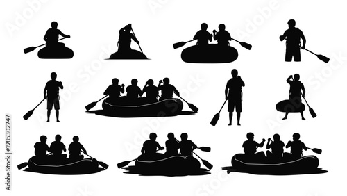 A collection of black silhouettes depicting people enjoying various water activities with boats and paddles
